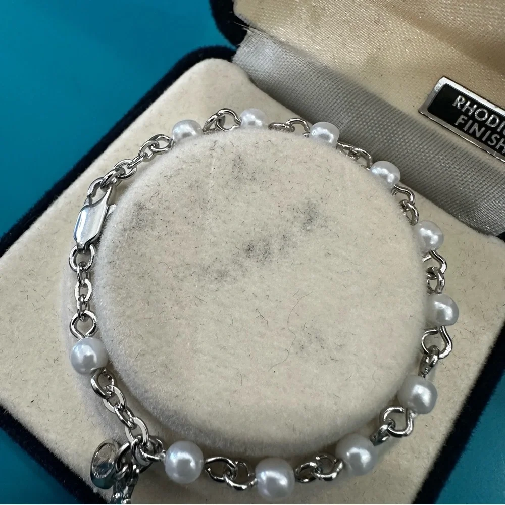 Rhodium Plated Faux Pearl Crucifix Cross Religious Medal Bracelet Baby Jewelry